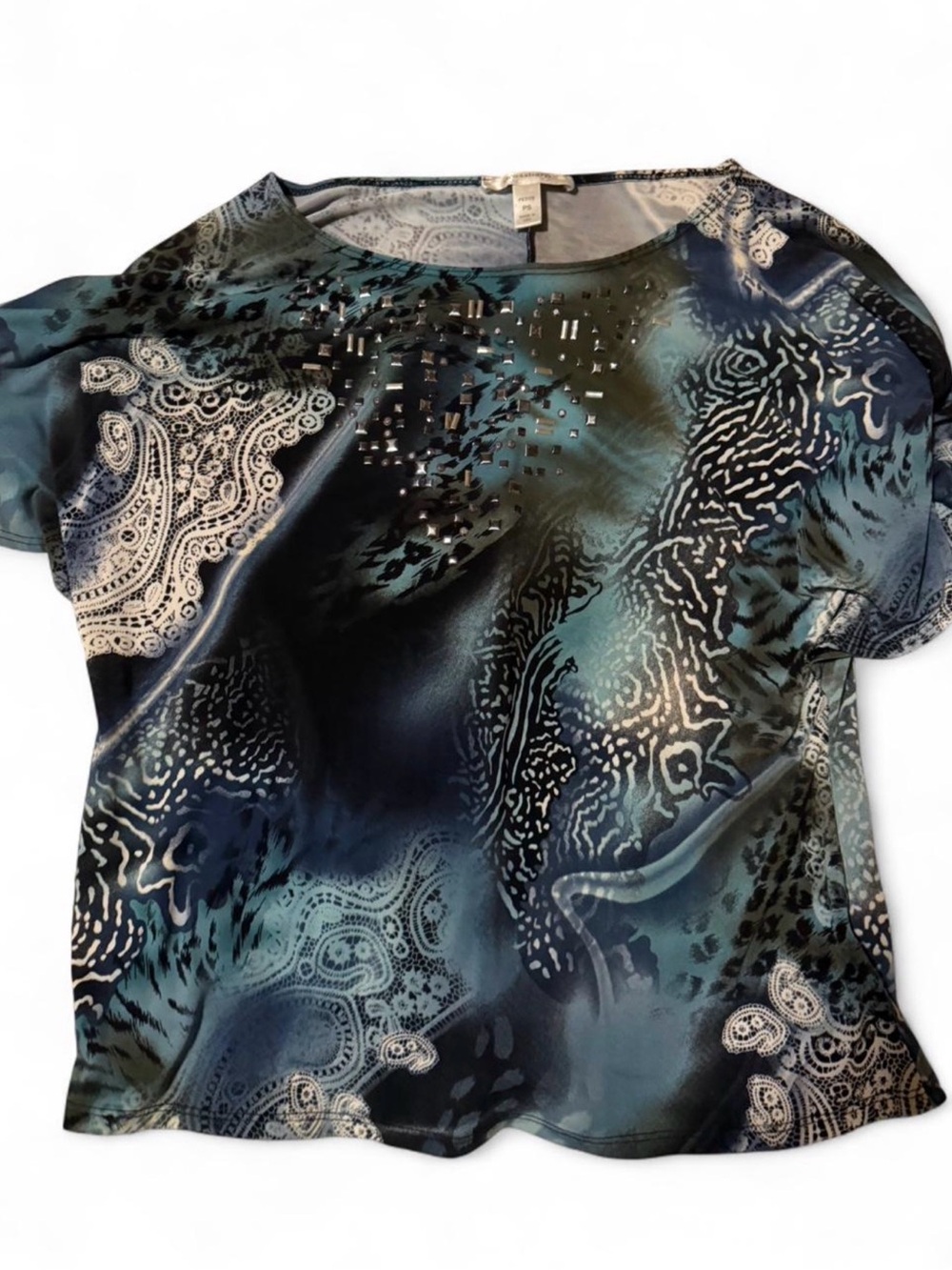 dressbarn Blue Teal Paisley-Print Short Sleeve Top with Bead Detail